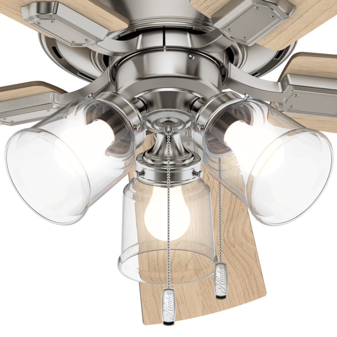 Hunter 52 inch Crestfield Ceiling Fan with LED Light Kit and Pull Chain Indoor Ceiling Fans Hunter Brushed Nickel Bleached Grey Pine / Natural Wood Clear