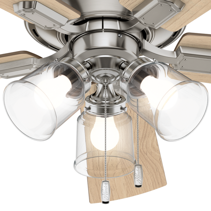 Hunter 52 inch Crestfield Ceiling Fan with LED Light Kit and Pull Chain Indoor Ceiling Fans Hunter Brushed Nickel Bleached Grey Pine / Natural Wood Clear