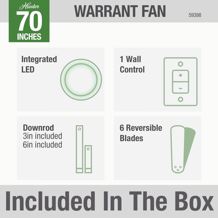 Hunter 70 inch Warrant Ceiling Fan with LED Light Kit and Wall Control Indoor Ceiling Fans Hunter   