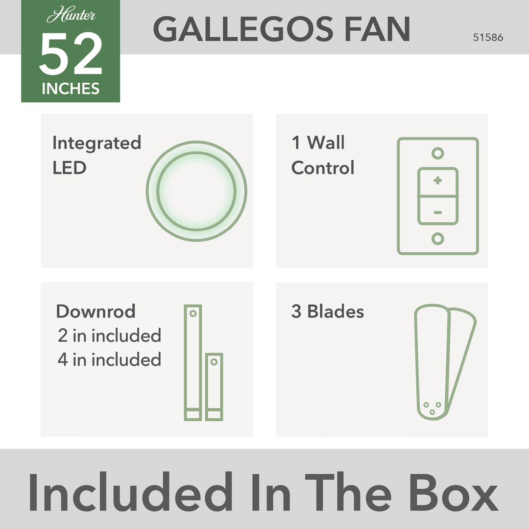 Hunter 52 inch Gallegos Damp Rated Ceiling Fan and Wall Control Indoor Ceiling Fans Hunter