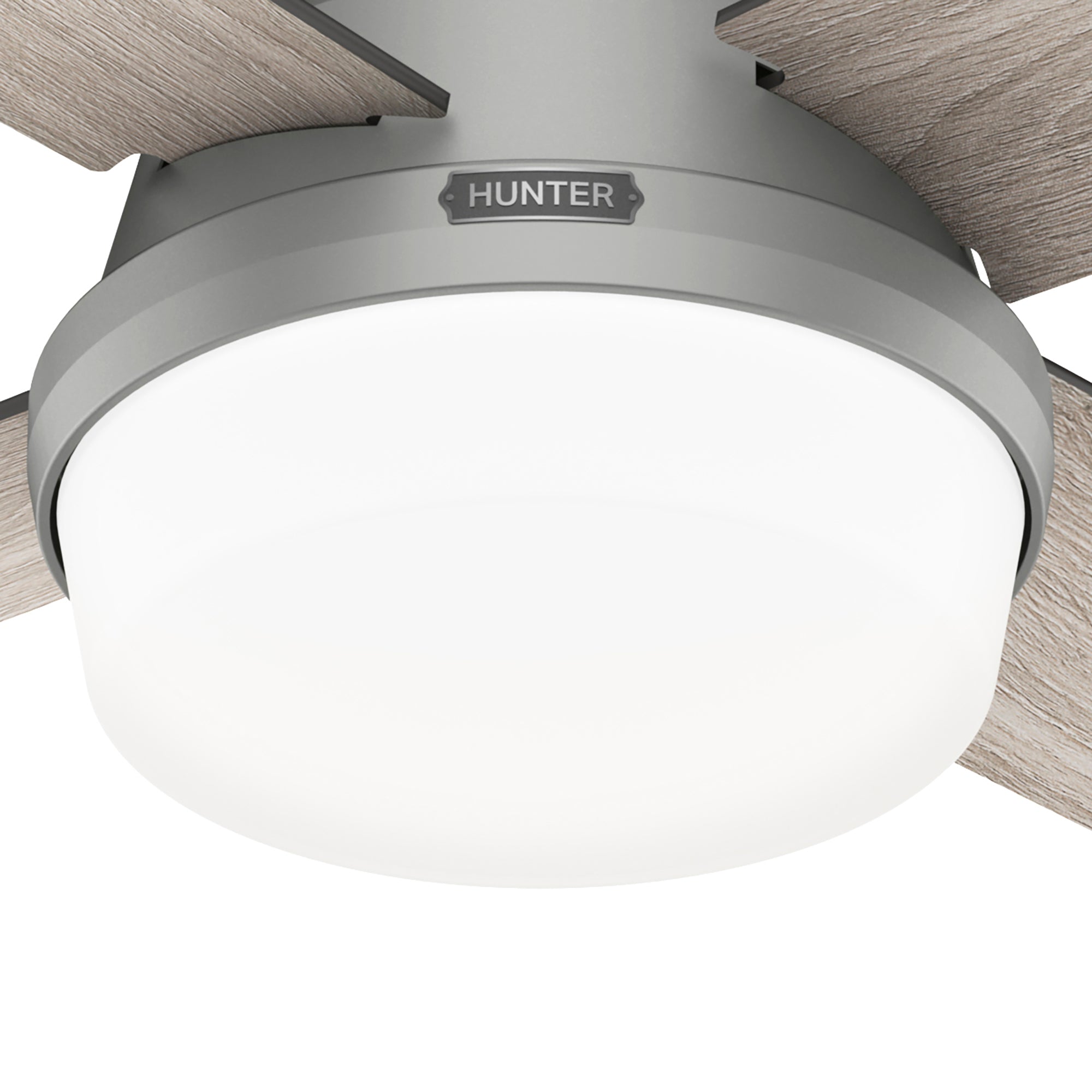 Hunter 44 inch Dempsey Low Profile Ceiling Fan with LED Light Kit and Handheld Remote Ceiling Fan Hunter Matte Silver Light Gray Oak / Greyed Walnut Painted Cased White