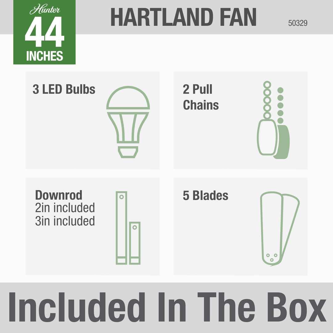 Hunter 44 inch Hartland Ceiling Fan with LED Light Kit and Pull Chain Indoor Ceiling Fans Hunter