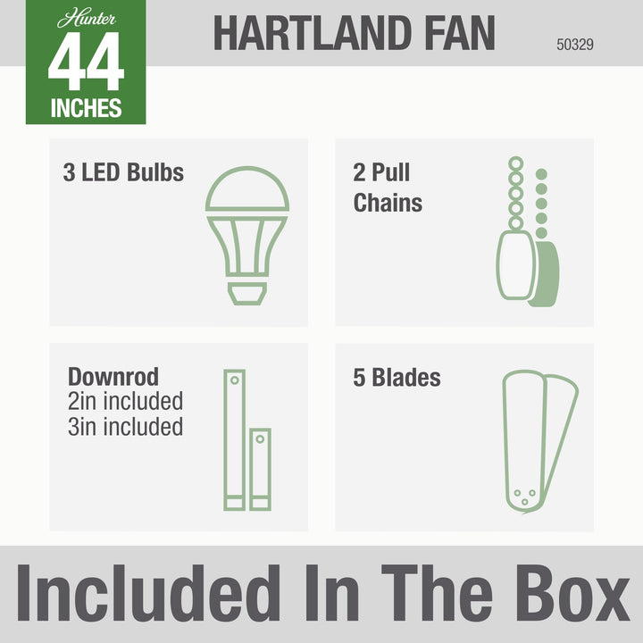 Hunter 44 inch Hartland Ceiling Fan with LED Light Kit and Pull Chain Indoor Ceiling Fans Hunter