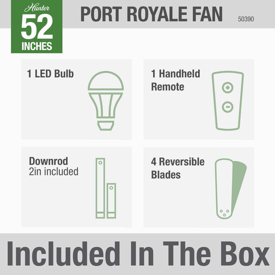 Hunter 52 inch Port Royale Damp Rated Ceiling Fan with LED Light Kit and Handheld Remote Indoor Ceiling Fans Hunter