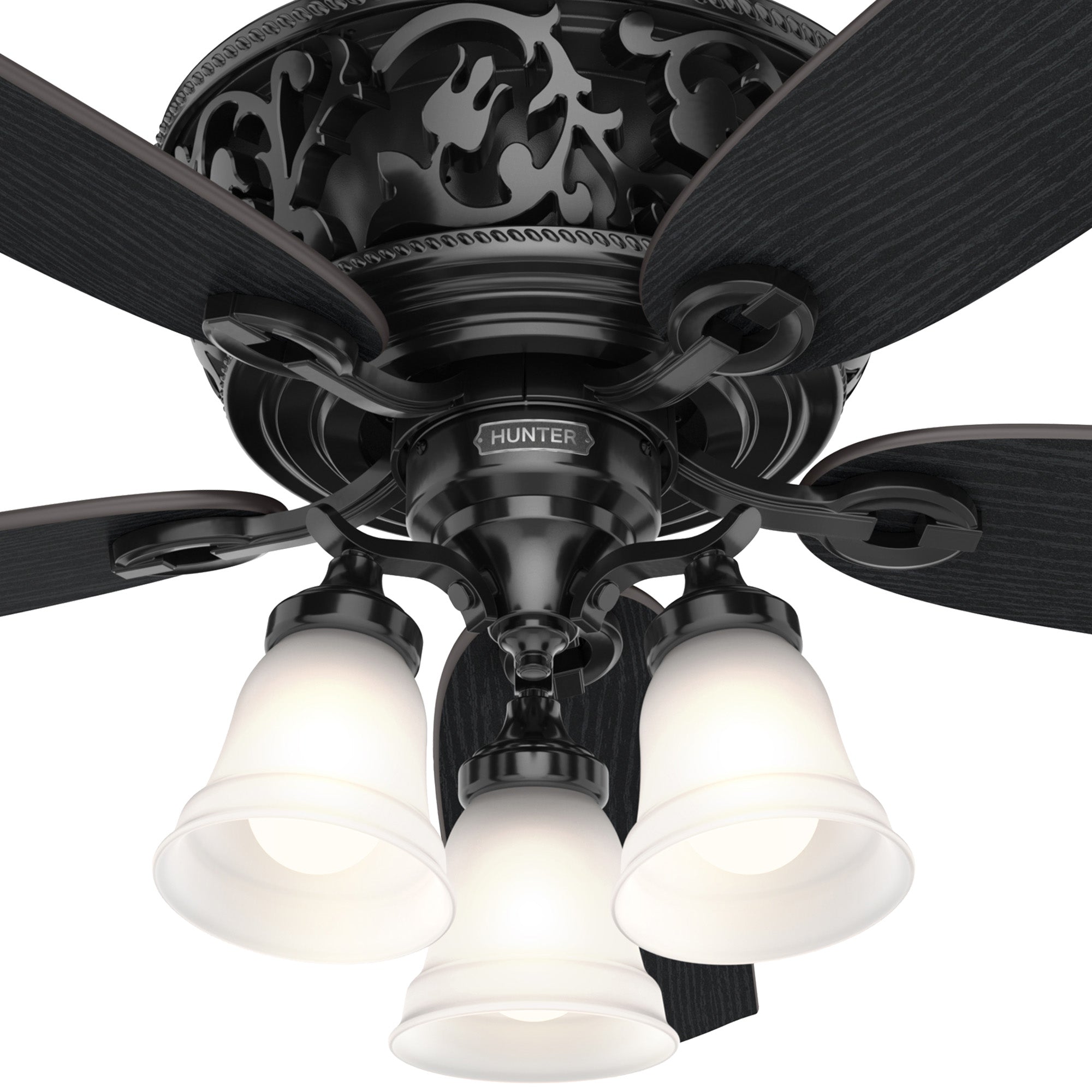 Hunter 54 inch Promenade Ceiling Fan with LED Light Kit and Handheld Remote Ceiling Fan Hunter Gloss Black Black Oak / Black Oak Painted Cased White